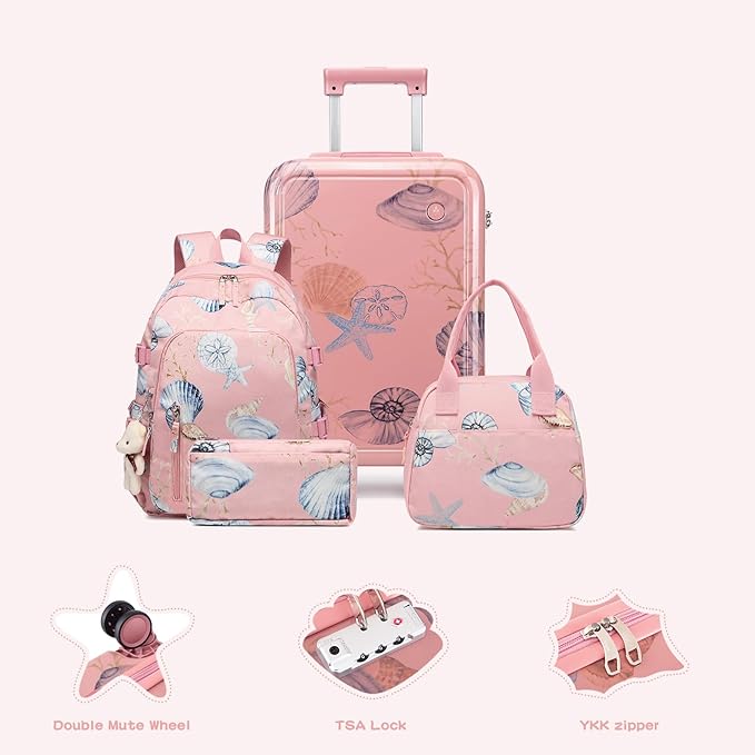 Somago 4 Piece Kid's Luggage with Backpack Set for Boys Girls Spinner 18" Hardside PC Rolling Carry on Suitcase with TSA Lock (Seashell Pink)