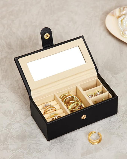 Homde 2 IN 1 Jewelry Box for Women Girls with Small Travel Case Mirror Necklace Ring Earrings Organizer - Christmas Gifts (Black + Gold)