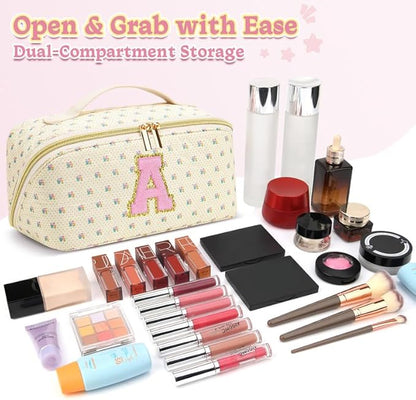 Personalized Travel Makeup Bag Set,Initial Travel Cute Floral Makeup Organizer Bag,Toiletry Skincare Cosmetic Bag,Christmas Gifts for Women/Girls,Open Flat Toiletry Pouch with Brush Pocket-G