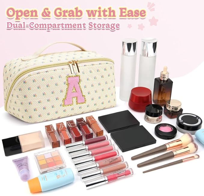 Personalized Travel Makeup Bag Set,Initial Travel Cute Floral Makeup Organizer Bag,Toiletry Skincare Cosmetic Bag,Christmas Gifts for Women/Girls,Open Flat Toiletry Pouch with Brush Pocket-T