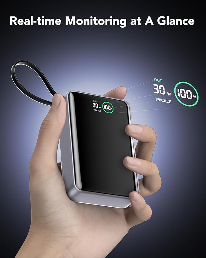 Portable Charger 20000mAh,30W PD3.0 and QC4.0 Fast Charging Power Bank,Built in Cable Phone Battery Pack Compatible with iPhone 17 16 15 14 Samsung Google iPad Laptop etc
