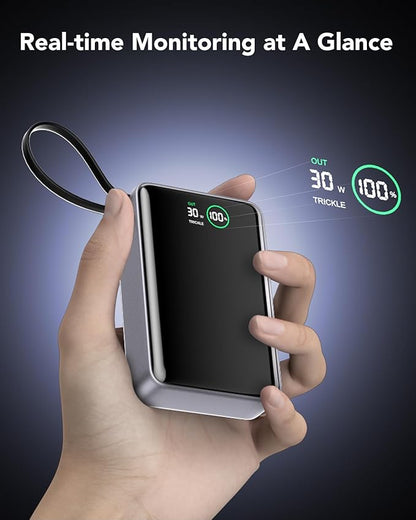 Portable Charger 20000mAh,30W PD3.0 and QC4.0 Fast Charging Power Bank,Built in Cable Phone Battery Pack Compatible with iPhone 17 16 15 14 Samsung Google iPad Laptop etc