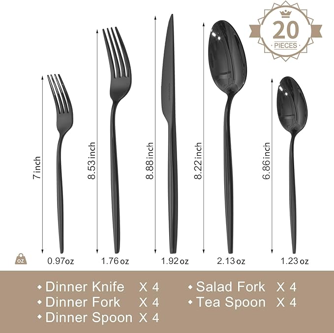 KINGSTONE Silverware Set, 20-Piece Flatware Set Cutlery Set Premium 18/10 Stainless Steel, Tableware Include Forks Knives Spoons for Home Kitchen Restaurant Wedding, Dishwasher Safe,Black