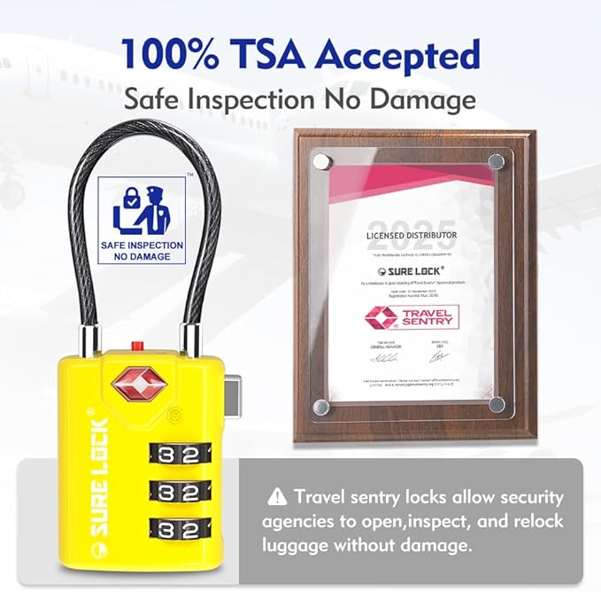 SURE LOCK TSA Approved Combination Luggage Locks with Open Alert Indicator – Durable Zinc Alloy Cable Travel Locks with Large Easy-Read Dials for Suitcases, Backpacks & Gym Bags(2, Yellow)