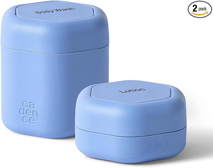 Cadence Travel Containers - 2 Piece Body Care Capsule Set - Magnetic Containers w/Lids - Carry On Travel Essentials for Women/Men - 1 Small & 1 Medium Capsule - Body Wash & Lotion Labels - Pacific