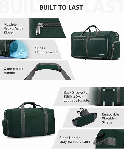 Gonex 40L 60L 80L 100L 150L Large Foldable Travel Duffle Bag with Shoes Compartment, Packable Lightweight Water Repellent Duffel Bag for Camping Gym Weekender Bag