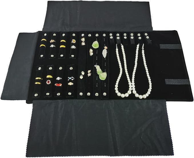 Velvet Travel Jewelry Case Roll Bag Organizer for Necklace Bracelet Earrings Ring (Black) (Black(4+2+2+6))