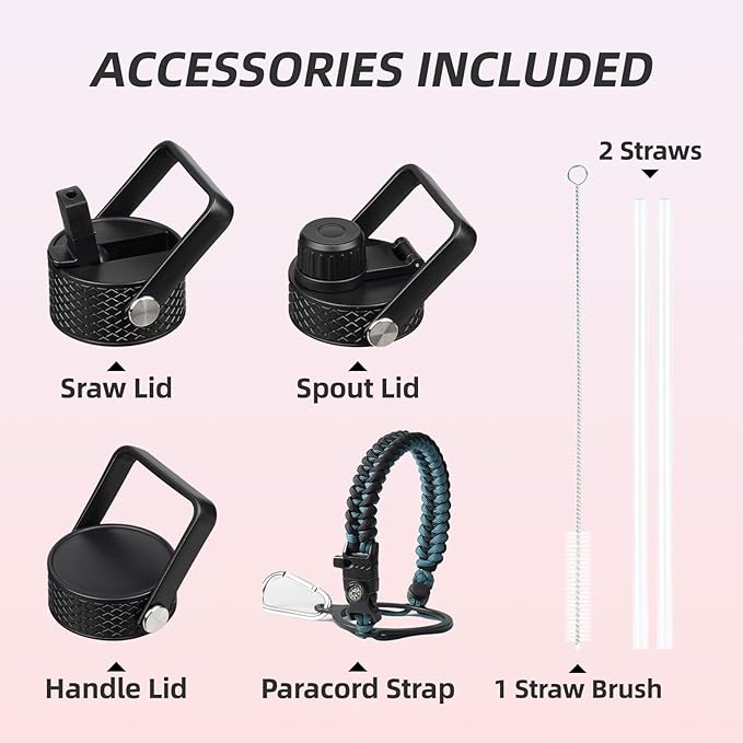 BJPKPK Insulated Water Bottles with Straw Lid, 50oz, 64oz, 87oz, 128oz Large Water Bottle with 3 Lids and Paracord Handle, Stainless Steel Metal Water Bottle, Insulated Water Jug,Vast