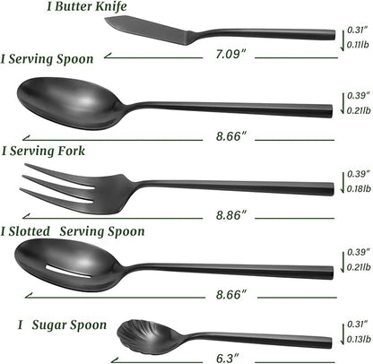 DEACORY Silverware Set with Serving Utensil Set Matte Black Flatware Set Hand Forged Stainless Steel Cutlery Set 45 Pieces Matte Finished Hexagon Handle Service for 8