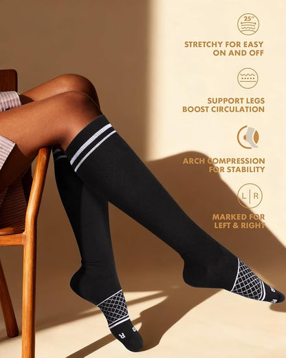 Cotton Compression Socks for Women Men - 2 Pairs 20-30mmHg Circulation Grid Arch Support Socks, Breathable
