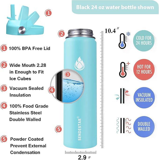 SENDESTAR Stainless Steel Wide Mouth Water Bottle 24oz Double Wall Vacuum Insulated Leak Proof Bottle with New Flex Straw Lid & Spout Lid XIN-MI-0750-1