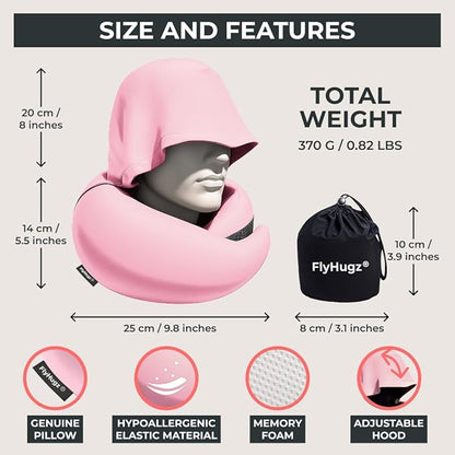 FlyHugz® 2.0 Hooded Travel Pillow – 2025 Original Release – Memory Foam Neck Pillow with Adjustable Hood & Premium Elastic Washable Cover – First Class Comfort for Flights, Road Trips & Sleep- Pink