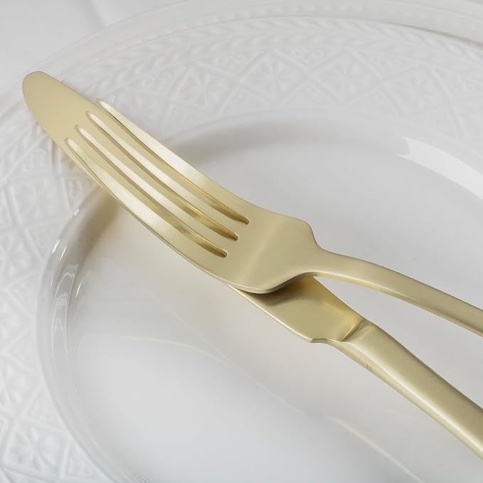 Alata Kate Champagne Gold Satin 40-Piece Silverware Set, Service for 8, Stainless Steel Flatware Set, Matte Polished Cutlery Set, Dishwasher Safe