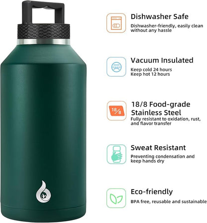 BJPKPK Half Gallon Water Bottle Insulated, Dishwasher Safe 64 oz Water Bottle with Handle, Leakproof BPA Free Thermal Flasks, Large Stainless Steel Jug for Sports, Army Green