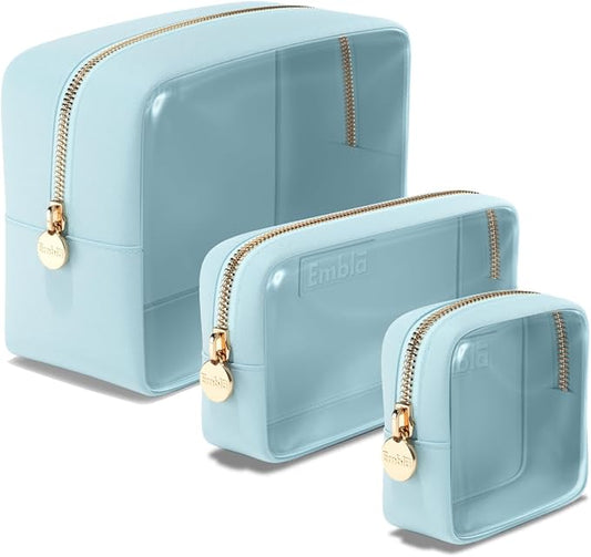 Embla Clear Cosmetic Bags Set of 3, Mini Small Large Makeup Bags For Women Clear Pouch Cosmetics Cases Zipper Cute Pouches Make Up Travel Toiletry Essentials Preppy Purse Organizer Makeup Cases, Sky