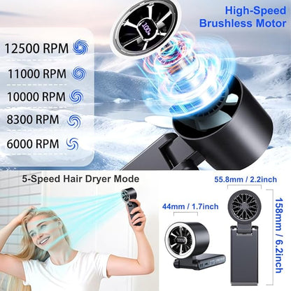 CAZOKASI Rechargeable Strong Wind Handheld Fan With Ambient Lighting 4 IN1 5000mAh Upto 22H For Desktop Waist Clip Neck (StrongWind/Black)