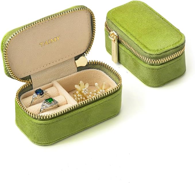 TAIMY Small Travel Jewelry Case, Mini Tiny Plush Velvet Jewelry Box for Women and Girls, Pocket Size Jewelry holder organizer for Rings Earrings and Small Items(Lime Green)