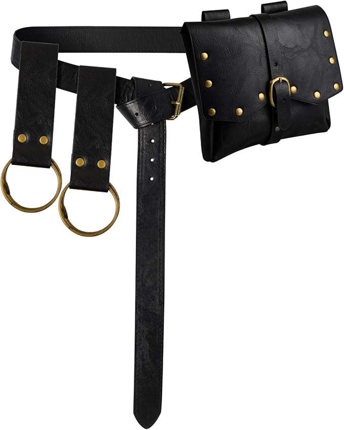 Renaissance Belt Pouch Viking Leather Medieval Belt Waist Bag Pirate Cosplay Festival Halloween Adjustable Accessories (Black)