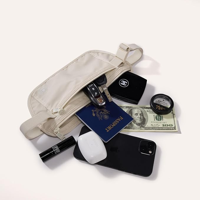 Pander RFID Blocking Travel Money Belt – Hidden Waist Pouch for Passport, Cash, Cards, Slim Belt Bag for Men and Women, White Beige