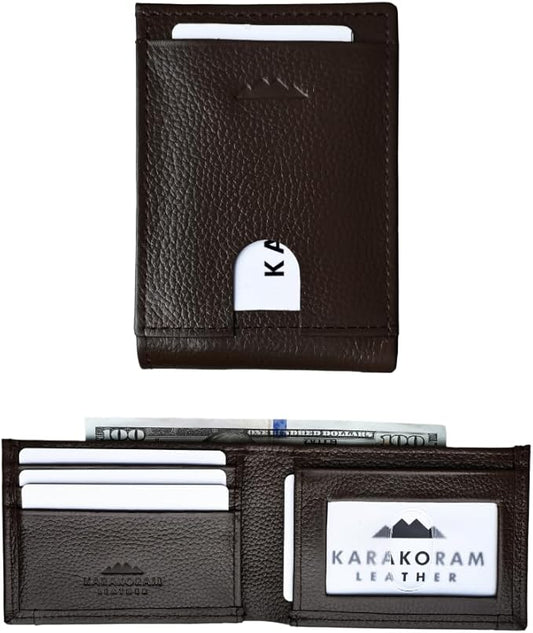 KARAKORAM LEATHER Artisan Made Premium Cowhide Leather Slim BiFold Wallet for Men | RFID Blocking Front Pocket Everyday Carry | Fits 12-14 Cards with 2 External Quick Access Slots (Mountain Mocha)