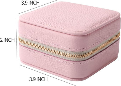 Genuine Leather Travel Jewelry Case Organizer with Mirror for Women, Small Jewelry Box Portable Mini Jewelry Case for Earring, Ring, Necklace, Bracelet（Lychee Grain Pink Purple）