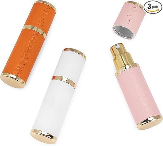 LUEXBOX 3 Pack Portable Perfume Bottle for Travel, Mini Refillable Perfume Dispenser, 5ml Faux Leather Leak Proof Perfume Atomizers Bottles Sprayer for Pocket Perfume (White, Pink, Orange)