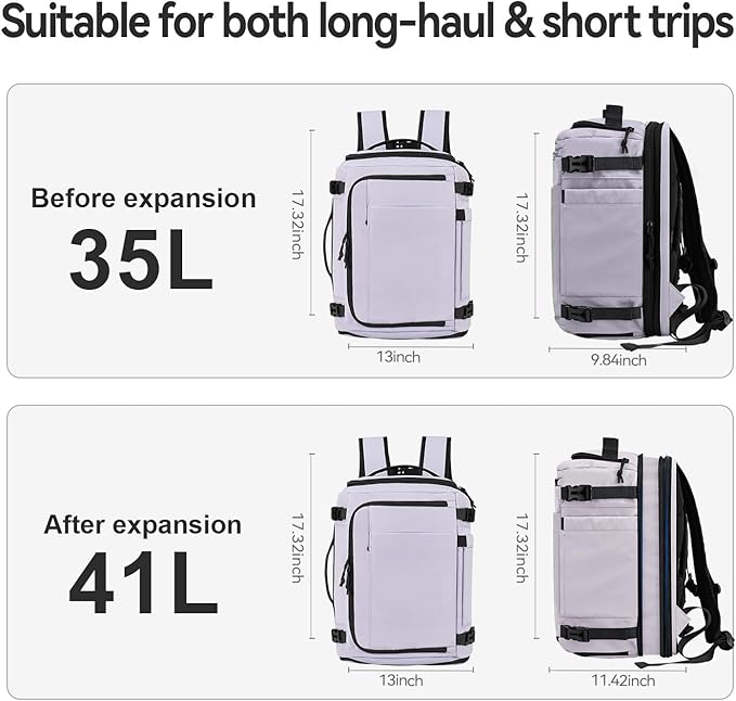 Carry On Travel Backpack with Shoe Compartment Flight Approved Laptop Backpack Expandable Work Business Backpack for Women Men Casual Daypack, Purple