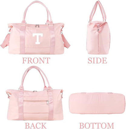 Initial Travel Duffel Bag Sports Gym Bag for Girls Teen Birthday Gifts,Pink Personalized Weekender Bag Carry On Tote Bags for Women Men,Waterproof Overnight Luggage Bag with Trolley Sleeve(Letter T)