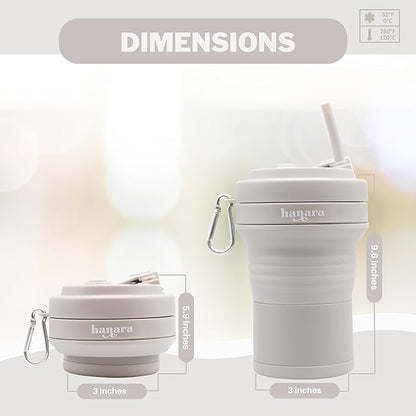 HANARA Collapsible Cup with Reusable Straw – 18 Oz (550 Ml), Portable Travel Mug, BPA-Free, Leak-Proof, Microwave & Dishwasher Safe, Multi-Purpose for Hot & Cold Drinks – Gray