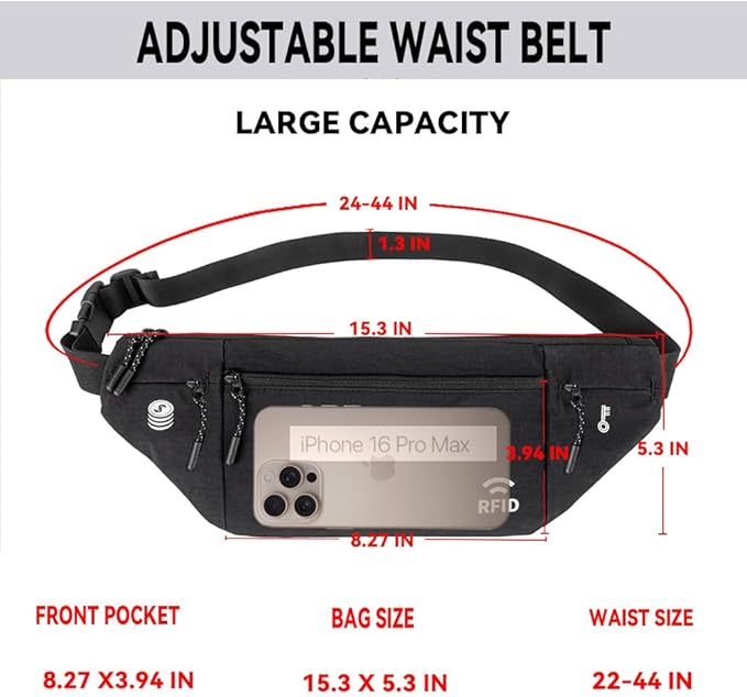 Travel Money Belt for Men and Women hidden slim passport holder - travel wallet with RFID blocking under clothes to protect Cash, Credit Cards and Documents (BLACK)