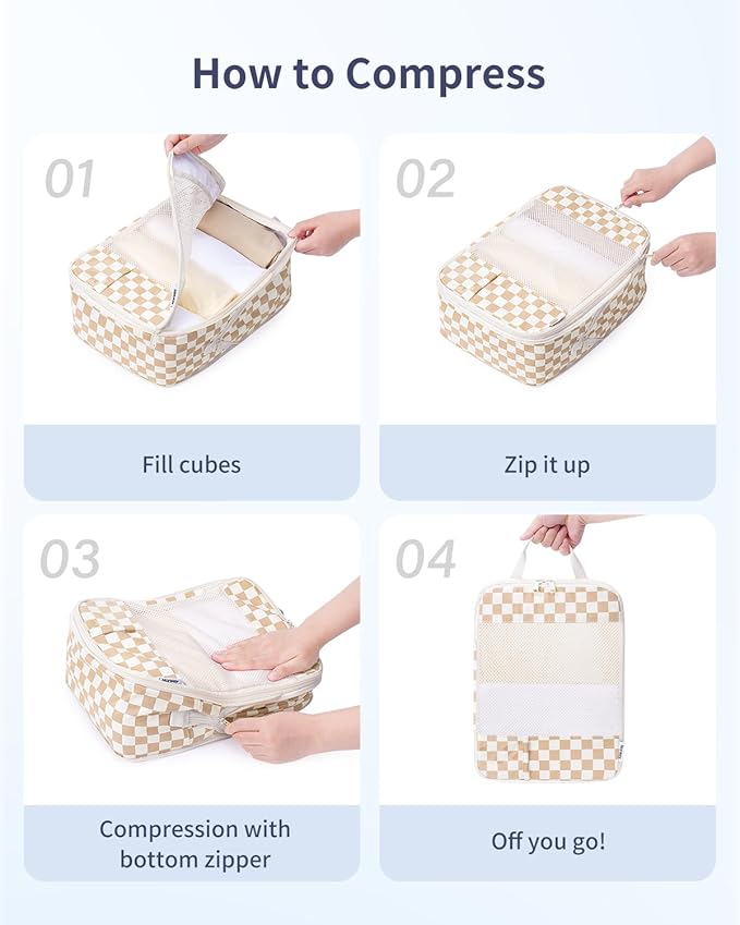 Narwey 5 Set Compression Packing Cubes for Travel, Luggage Packing Organizer Bags for Carry on Suitcase, Expandable Checkered Storage Bags with Laundry & Handle (Light Checkerboard)