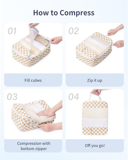 Narwey 5 Set Compression Packing Cubes for Travel, Luggage Packing Organizer Bags for Carry on Suitcase, Expandable Checkered Storage Bags with Laundry & Handle (Light Checkerboard)