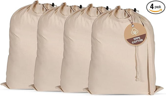 LFH Home Large Premium 100% Cotton Canvas Laundry Bag with Drawstring and Handles Heavy Duty, Multi-Use, and Washable for Home, Travel, College or Storage 28x40 (Pack of 4)-Natural