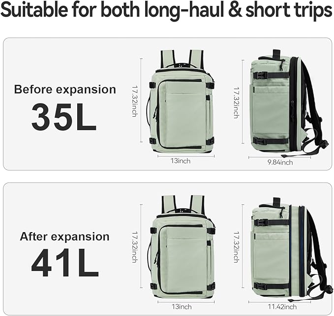 Carry On Travel Backpack with Shoe Compartment Flight Approved Laptop Backpack Expandable Work Business Backpack for Women Men Casual Daypack, Light Green