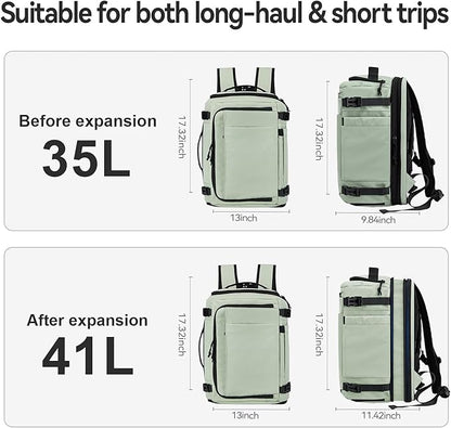 Carry On Travel Backpack with Shoe Compartment Flight Approved Laptop Backpack Expandable Work Business Backpack for Women Men Casual Daypack, Light Green