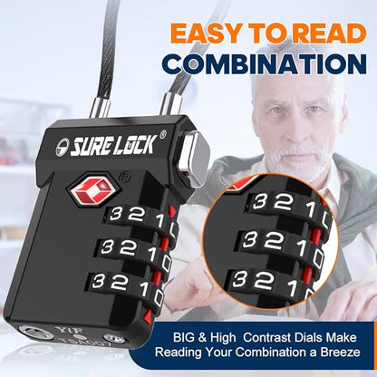 SURE LOCK TSA Approved 3-Digit Combination Luggage Locks – Open Alert Indicator, Re-settable Code with Zinc Alloy Body, Easy-Read Dials for Suitcase, Backpack, Gym Locker & Toolbox (Multiple Colors)
