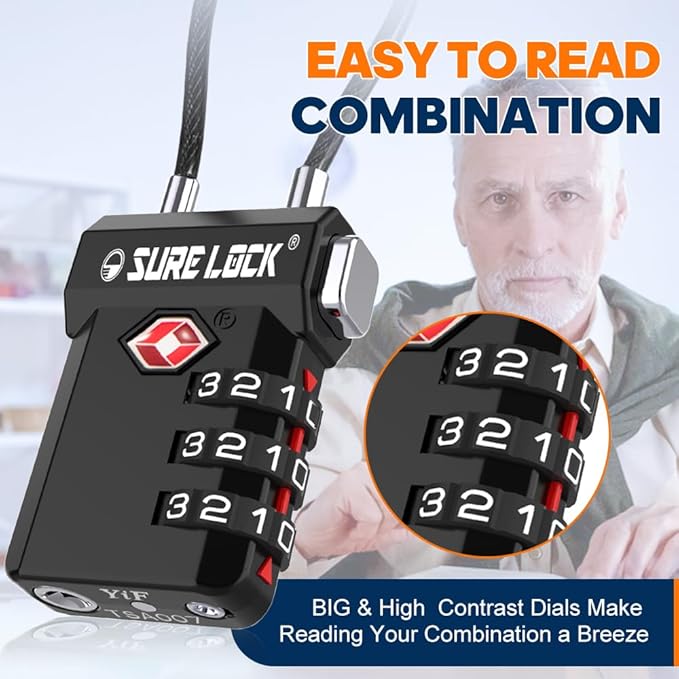 SURE LOCK TSA Approved 3-Digit Combination Luggage Locks – Open Alert Indicator, Re-settable Code with Zinc Alloy Body, Easy-Read Dials for Suitcase, Backpack, Gym Locker & Toolbox (Multiple Colors)