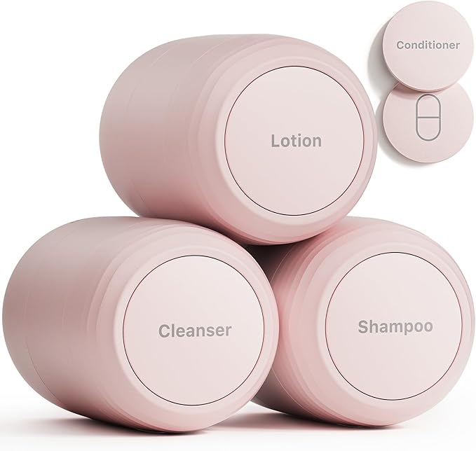 New Travel Toiletry Containers [Ultra Leakproof] TSA-Approved, PLA Hard Shell Jars with 5 Magnetic Labels, Wide Mouth Bottles for Lotion, Cleanser, Shampoo, Conditioner, Pink, 3 Pack, 2OZ