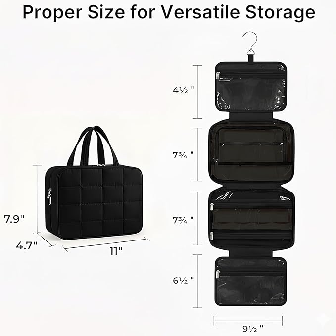 Travel Toiletry Bag for Women,Portable Hanging Travel Bag Cosmetic Jewelry Organizer,Makeup Bag for Toiletries,Full Sized Shampoo,Conditioner,Black