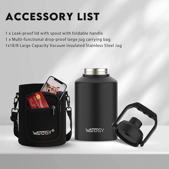 WATERSY Half Gallon Water Bottle Insulated(Cold for 48 Hrs),BPA Free&Leak Proof,64oz Stainless Steel Water Jug/Flask,Big thermo,Large Water Bottle with Handle for Gym,Hiking,Camping,Black