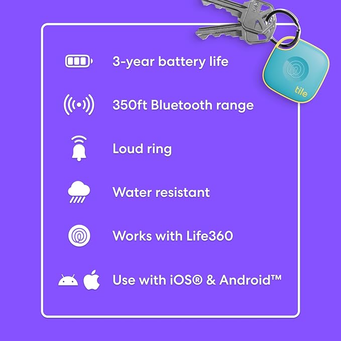 Tile by Life360 Mate - Bluetooth Tracker, Keys Finder and Item Locator for Keys, Bags and More. Phone Finder. Both iOS and Android Compatible. 4-Pack (Colors)
