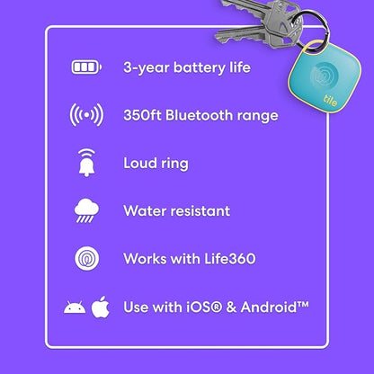 Tile by Life360 Mate - Bluetooth Tracker, Keys Finder and Item Locator for Keys, Bags and More. Phone Finder. Both iOS and Android Compatible. 4-Pack (Colors)