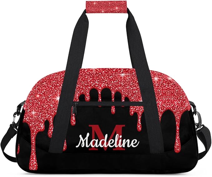 Personalized Kids Sports Duffel Bag with Name Custom Weekender Overnight Bag for Boys Girls Gym Bag Travel Dance Gymnastics Duffel Bag, Red Glitter