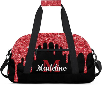 Personalized Kids Sports Duffel Bag with Name Custom Weekender Overnight Bag for Boys Girls Gym Bag Travel Dance Gymnastics Duffel Bag, Red Glitter