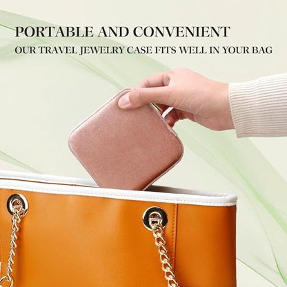 TAIMY Travel Jewelry Case,Small Plush Velvet Travel Jewelry organizer,Portable Mini Travel Jewelry Boxes for Rings Earrings Necklaces Bracelets(Blush Peach,with Mirror)