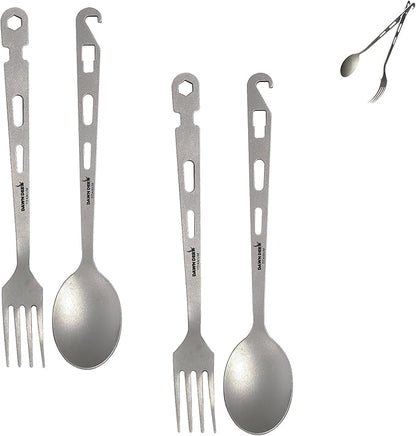 Titanium Fork Spoon Knife Set - Camping Tongs | Ultralight Backpacking Utensils, Travel Cutlery Set, Heat-Resistant & Rustproof, Hiking Survival Gear ((Fork+ Spoon)* 2)