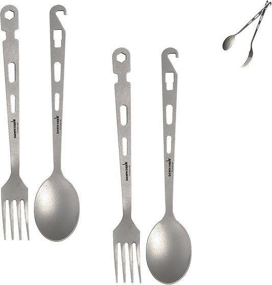Titanium Fork Spoon Knife Set - Camping Tongs | Ultralight Backpacking Utensils, Travel Cutlery Set, Heat-Resistant & Rustproof, Hiking Survival Gear ((Fork+ Spoon)* 2)