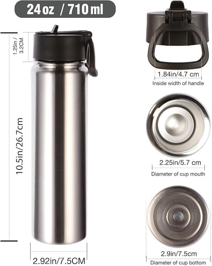 Volhoply 24oz Insulated Water Bottle With Straw Bulk 6 Pack,Metal Wide Mouth Water Bottles With Handle Lid Keep Cold,Reusable Double Wall Cups,Powder Coated Sport Bottle For Holder(Sliver,6 Count)