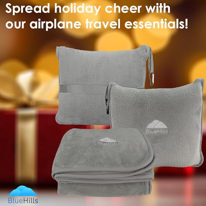 BlueHills Premium Soft Travel Blanket Pillow Airplane Flight Blanket Throw in Ultra-Soft Bag Pillow case Luggage Sleeve & Backpack Clip Large Air Warm Traveler Essentials - Light Gray T024