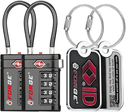 Forge TSA Approved Luggage Locks 4 Digit Combination TSA Travel Locks with TSA008, Open Alert Indicator, Zinc Alloy Body for Luggage, Suitcase, Backpack, and More. 2 Black Locks and 2 TSID.